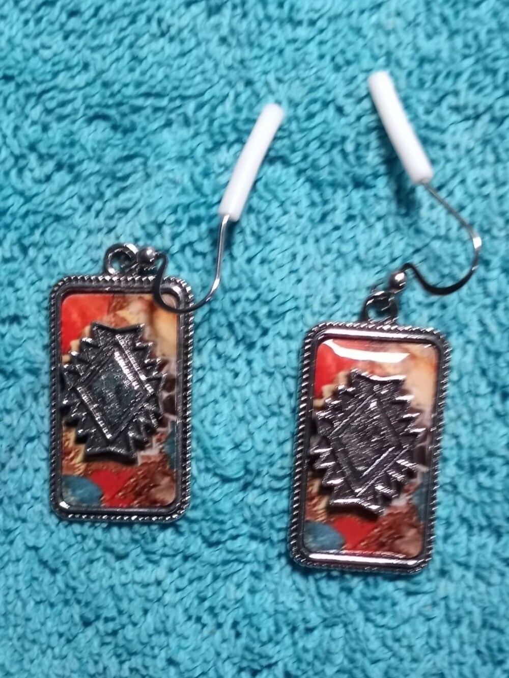 Silver Earrings Red and Teal Mixed-Metal Rectangle Drop Earrings